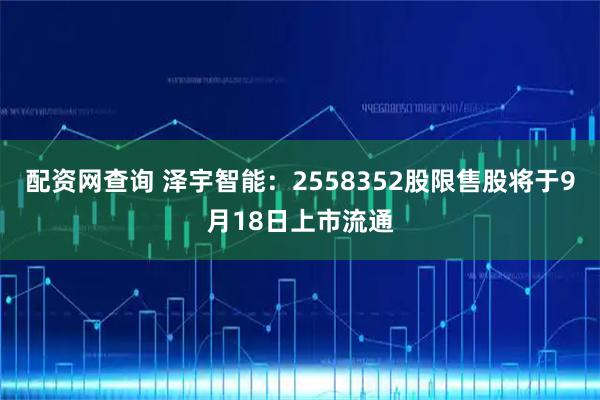 配资网查询 泽宇智能：2558352股限售股将于9月18日上市流通
